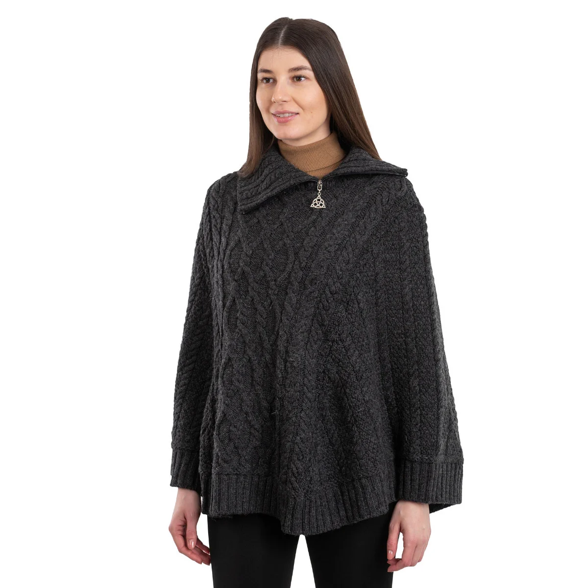 100% Merino Wool Cowl Neck Zipper Poncho – Irish Aran Knit | Pregnancy-Friendly Warmth - Image 3 | Lily's Pad Studio
