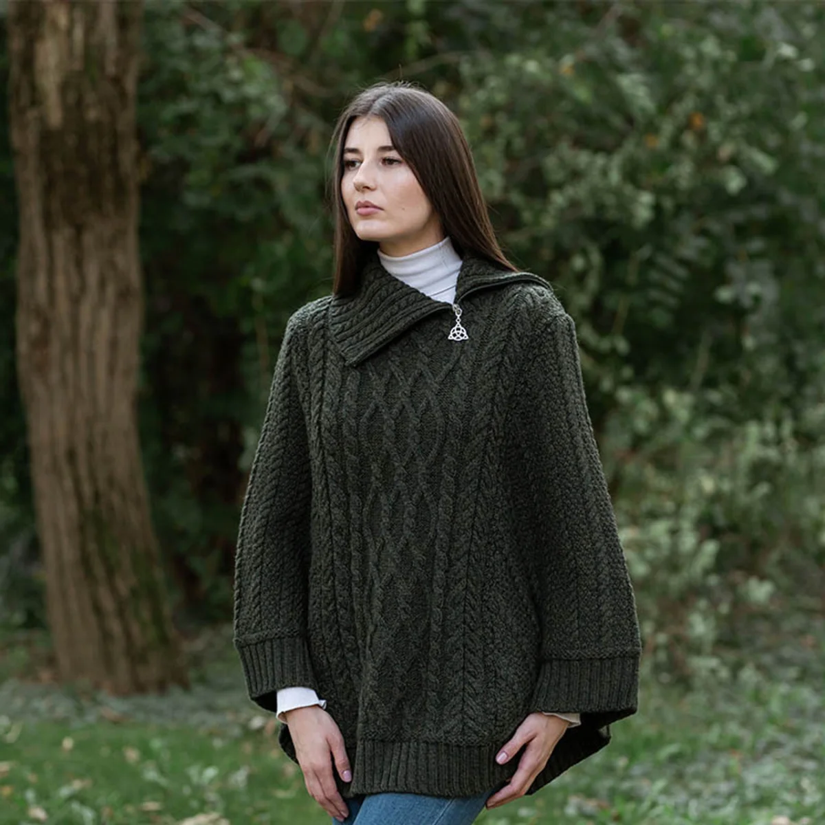 100% Merino Wool Cowl Neck Zipper Poncho – Irish Aran Knit | Pregnancy-Friendly Warmth | Lily's Pad Studio