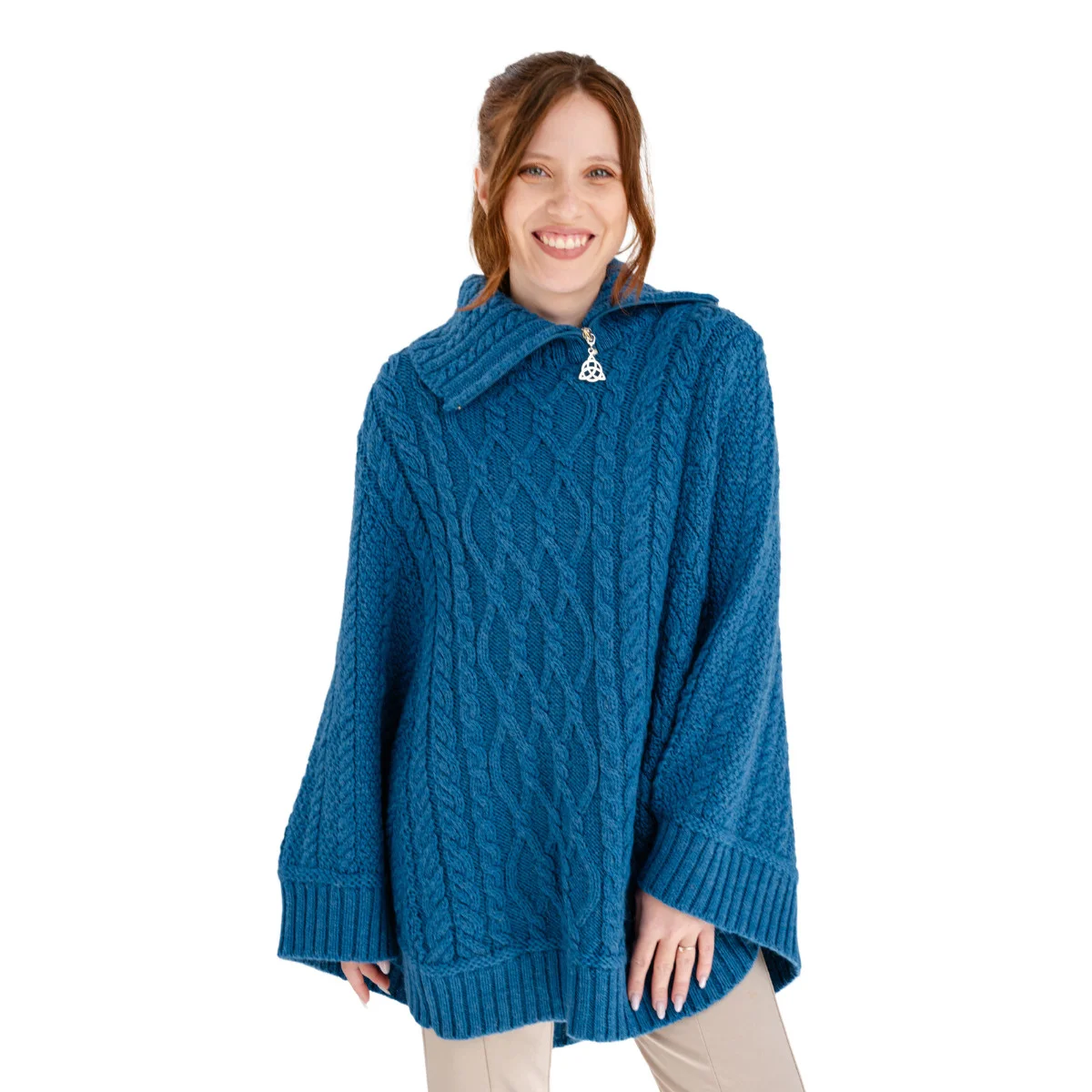 100% Merino Wool Cowl Neck Zipper Poncho – Irish Aran Knit | Pregnancy-Friendly Warmth - Image 7 | Lily's Pad Studio