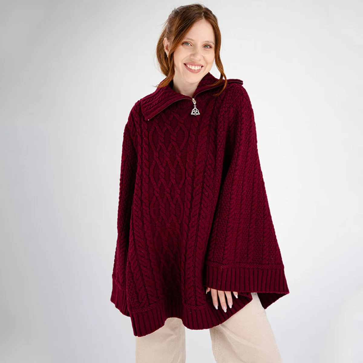 100% Merino Wool Cowl Neck Zipper Poncho – Irish Aran Knit | Pregnancy-Friendly Warmth - Image 10 | Lily's Pad Studio