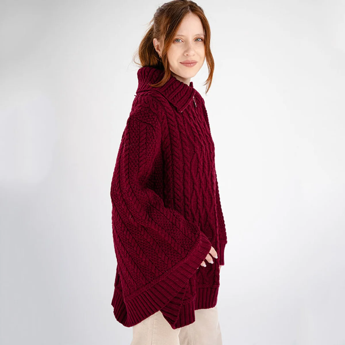 100% Merino Wool Cowl Neck Zipper Poncho – Irish Aran Knit | Pregnancy-Friendly Warmth - Image 12 | Lily's Pad Studio