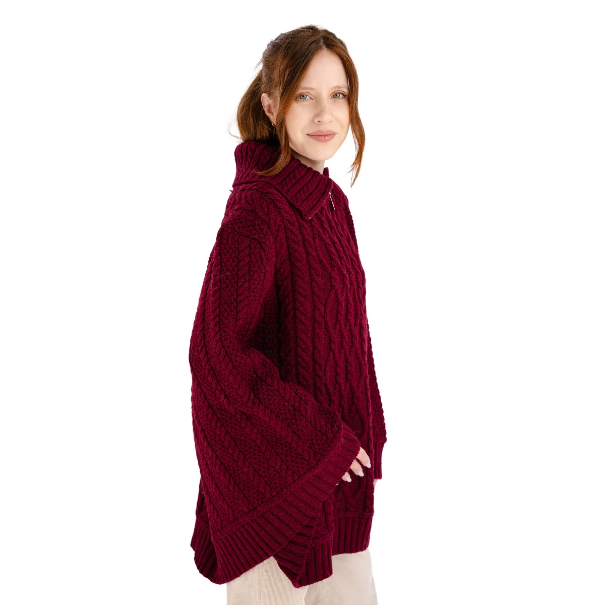 100% Merino Wool Cowl Neck Zipper Poncho – Irish Aran Knit | Pregnancy-Friendly Warmth - Image 14 | Lily's Pad Studio