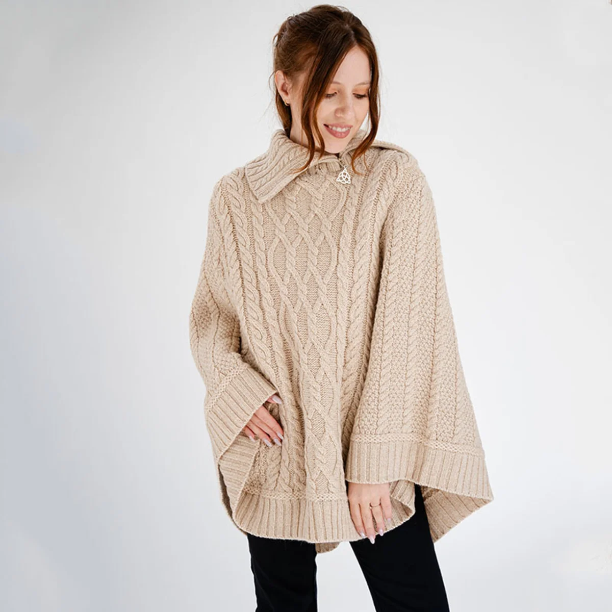 100% Merino Wool Cowl Neck Zipper Poncho – Irish Aran Knit | Pregnancy-Friendly Warmth - Image 16 | Lily's Pad Studio