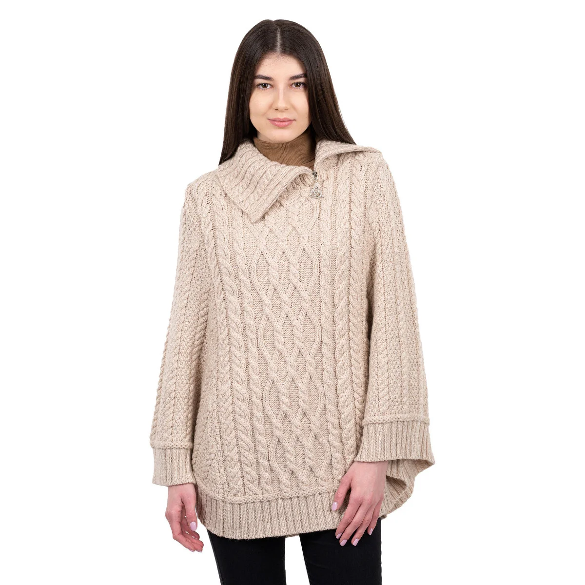 100% Merino Wool Cowl Neck Zipper Poncho – Irish Aran Knit | Pregnancy-Friendly Warmth - Image 18 | Lily's Pad Studio