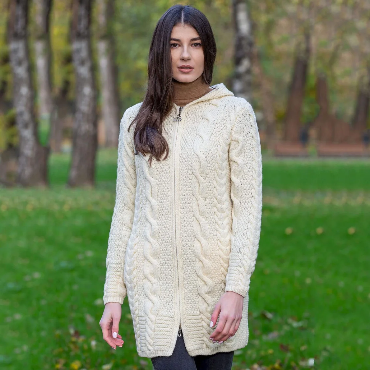 Aran Cable Knit Hooded Zip Coatigan - Image 1 | Lily's Pad Studio