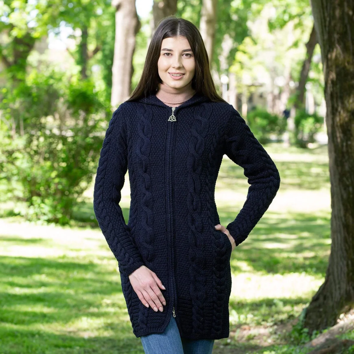 Aran Cable Knit Hooded Zip Coatigan - Image 3 | Lily's Pad Studio