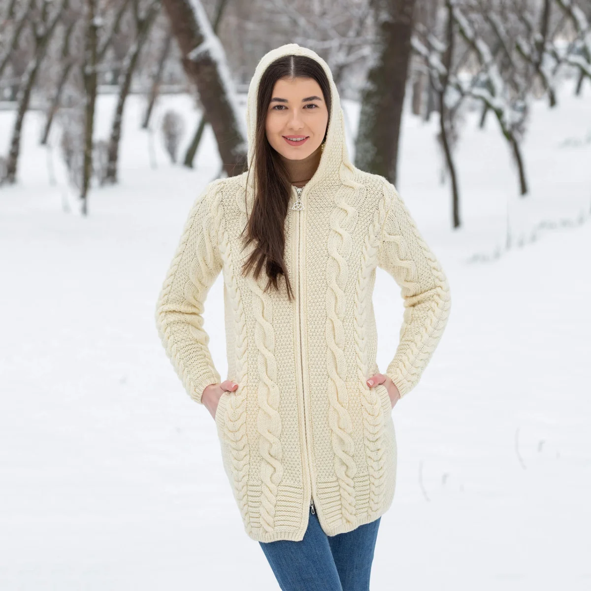 Aran Cable Knit Hooded Zip Coatigan - Image 4 | Lily's Pad Studio