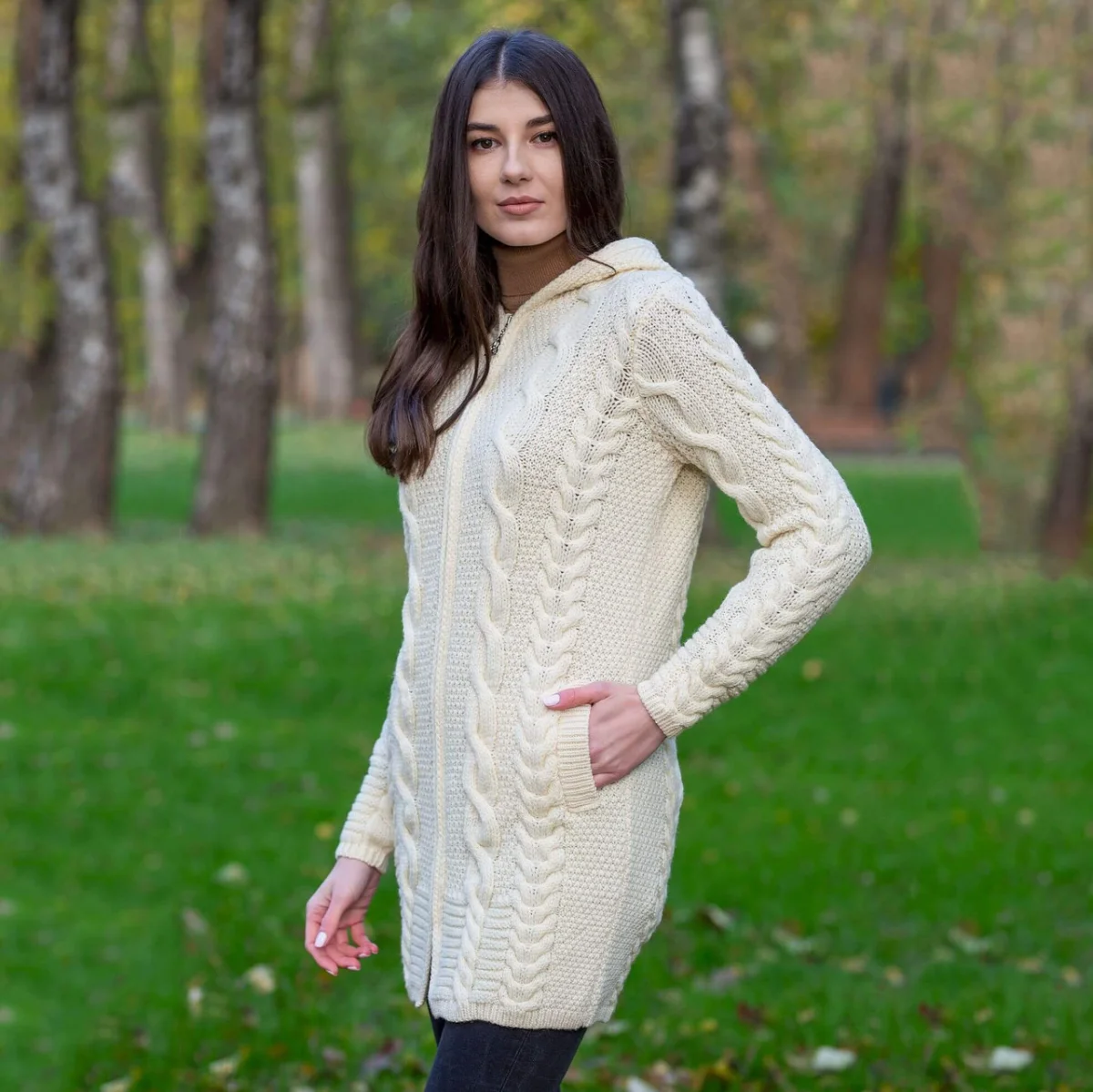 Aran Cable Knit Hooded Zip Coatigan - Image 9 | Lily's Pad Studio