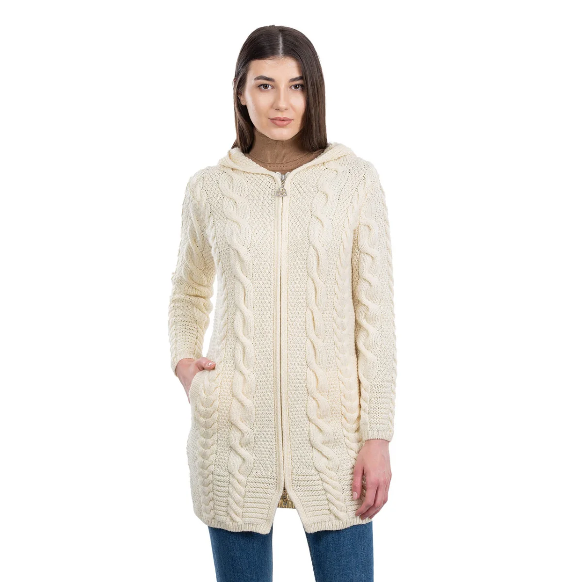 Aran Cable Knit Hooded Zip Coatigan - Image 12 | Lily's Pad Studio