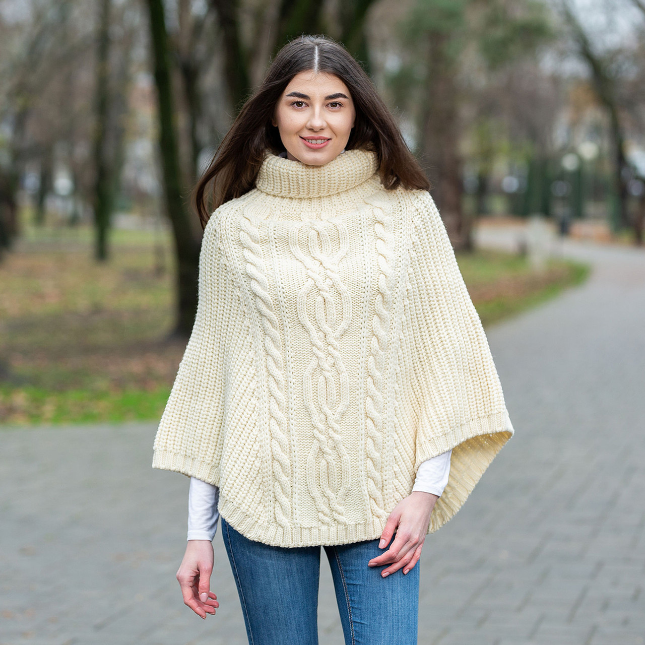 Aran Cowl Neck Merino Wool Poncho | Irish Cable Knit Shawl