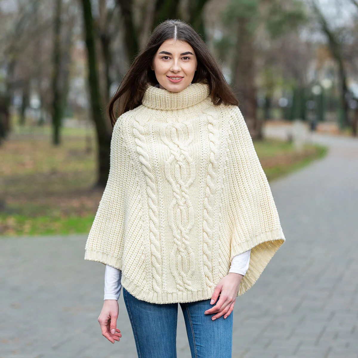 Aran Cowl Neck Merino Wool Poncho | Irish Cable Knit Shawl - Image 3 | Lily's Pad Studio