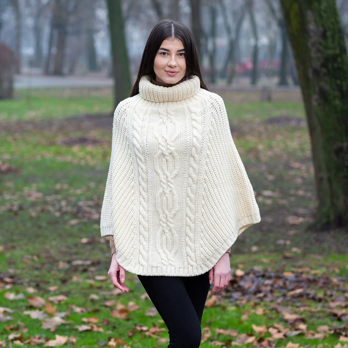Aran Cowl Neck Merino Wool Poncho | Irish Cable Knit Shawl - Image 4 | Lily's Pad Studio