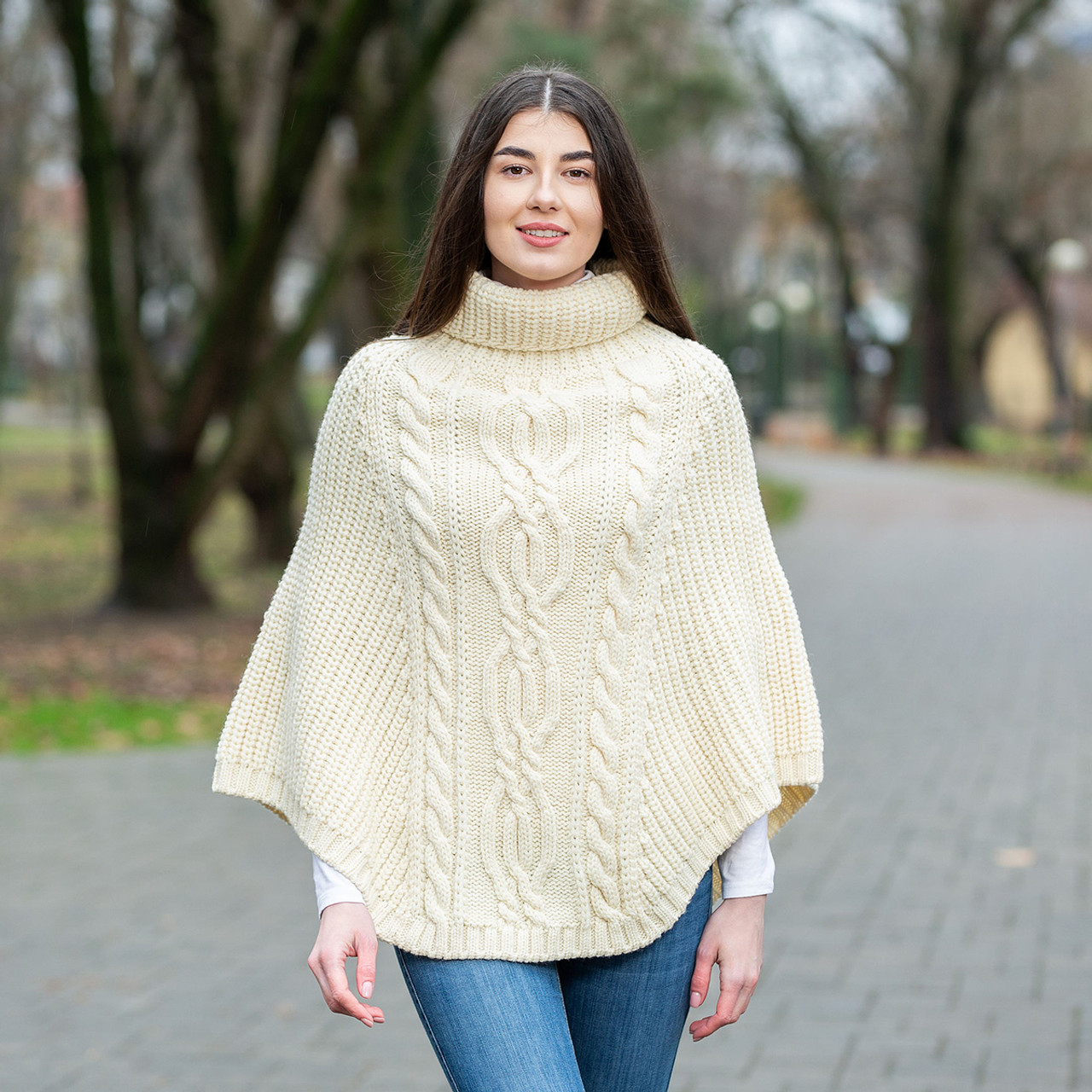 Aran Cowl Neck Merino Wool Poncho | Irish Cable Knit Shawl