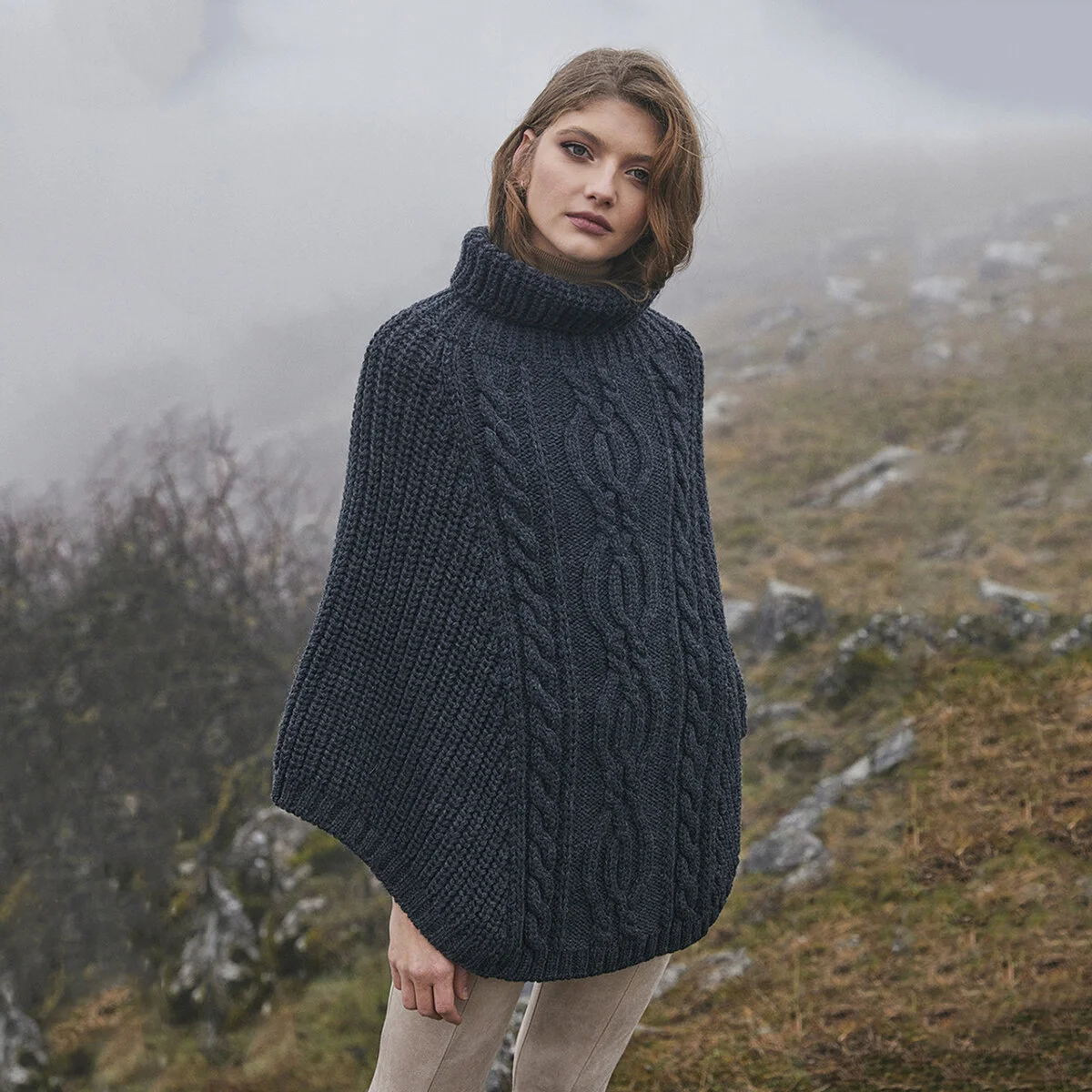 Aran Cowl Neck Merino Wool Poncho | Irish Cable Knit Shawl - Image 6 | Lily's Pad Studio