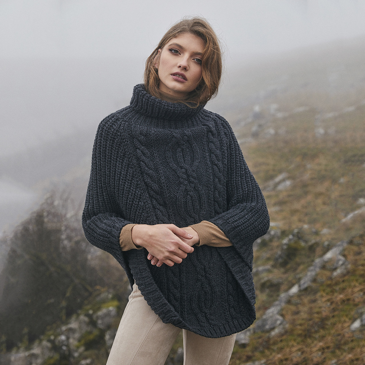 Aran Cowl Neck Merino Wool Poncho | Irish Cable Knit Shawl