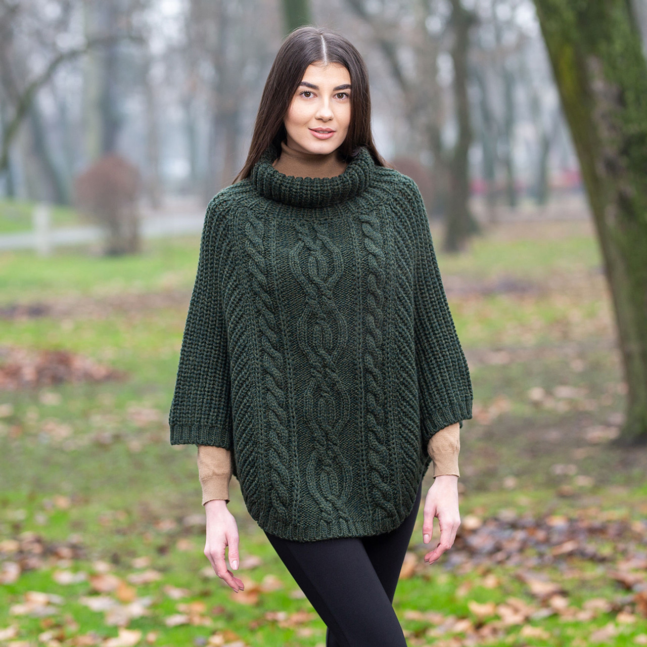 Aran Cowl Neck Merino Wool Poncho | Irish Cable Knit Shawl