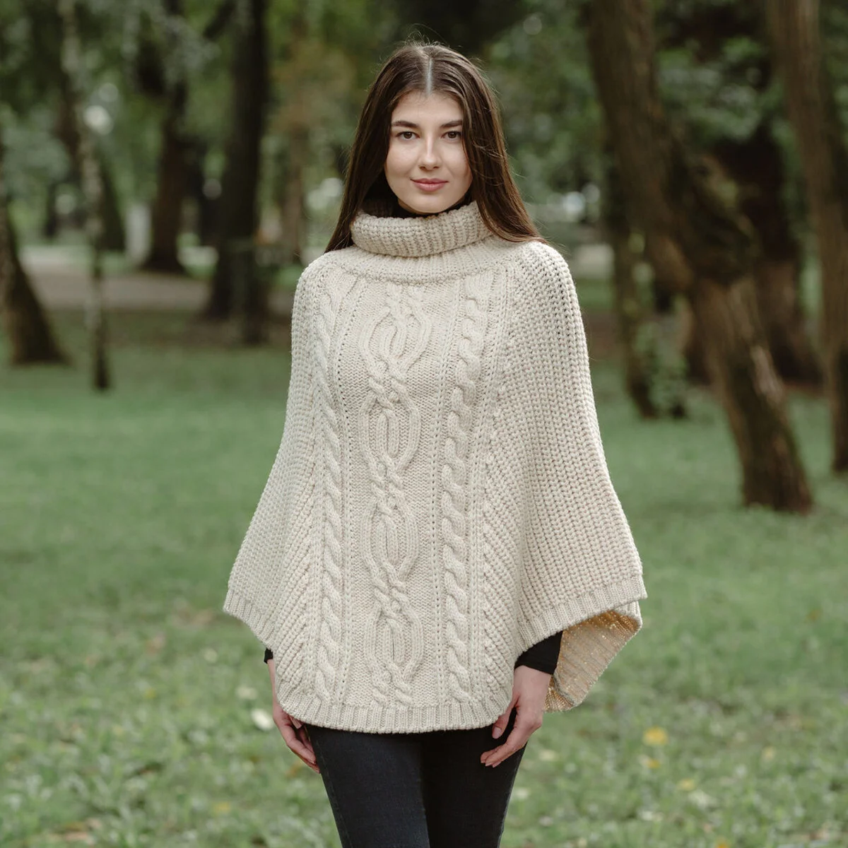 Aran Cowl Neck Merino Wool Poncho | Irish Cable Knit Shawl - Image 8 | Lily's Pad Studio