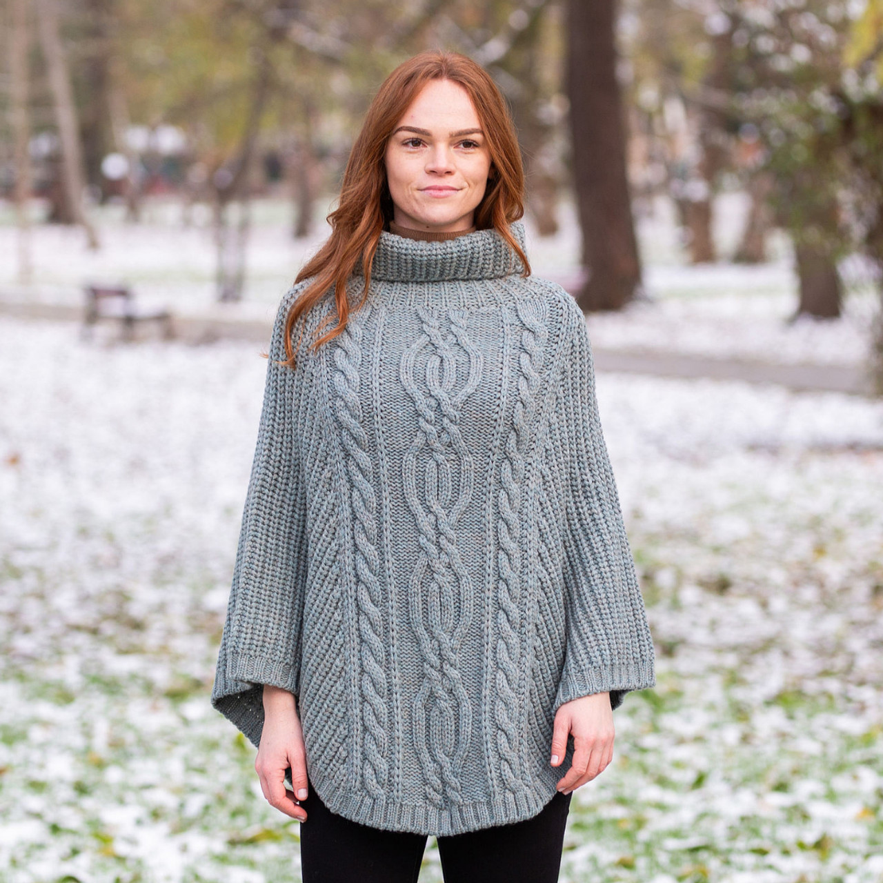 Aran Cowl Neck Merino Wool Poncho | Irish Cable Knit Shawl