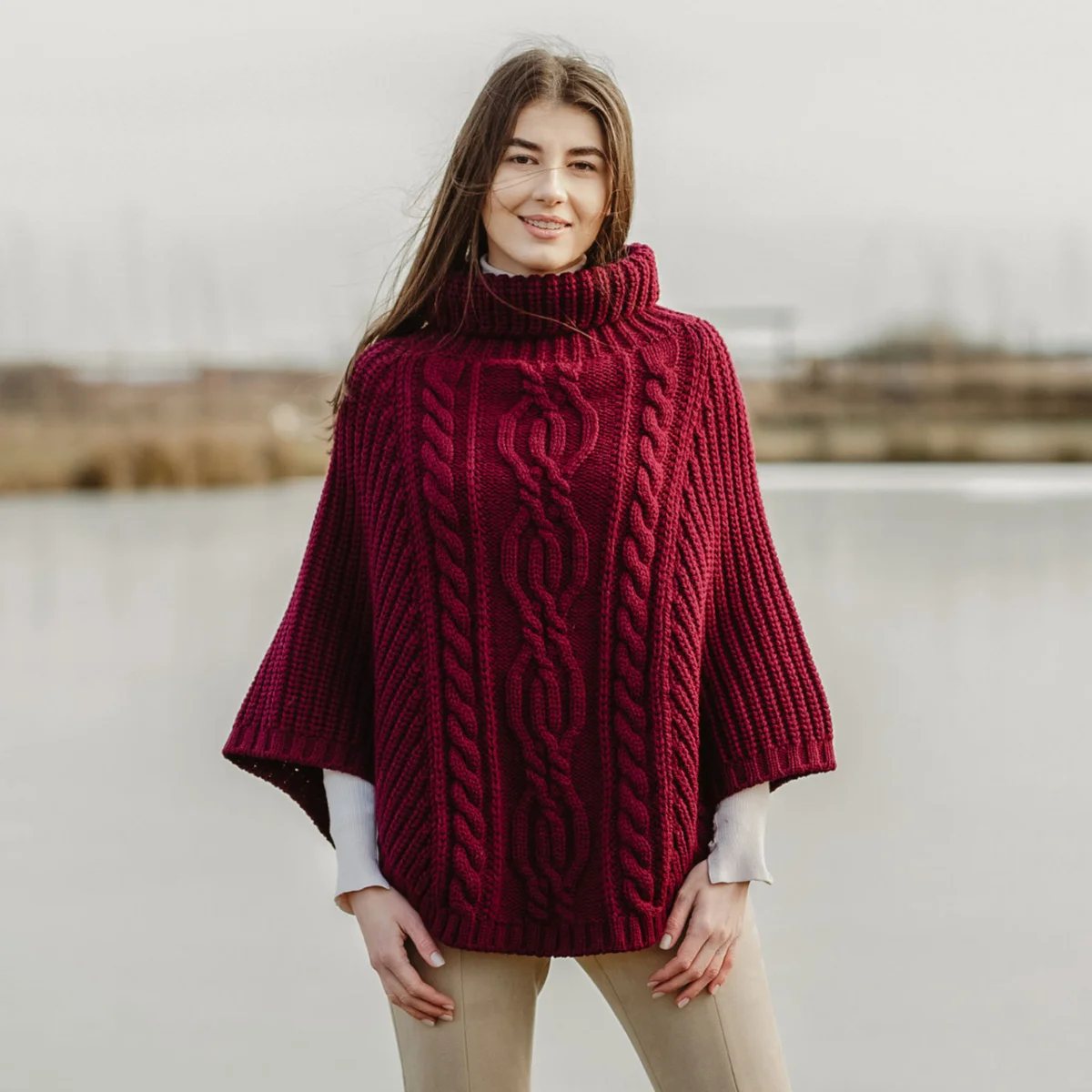 Aran Cowl Neck Merino Wool Poncho | Irish Cable Knit Shawl - Image 19 | Lily's Pad Studio