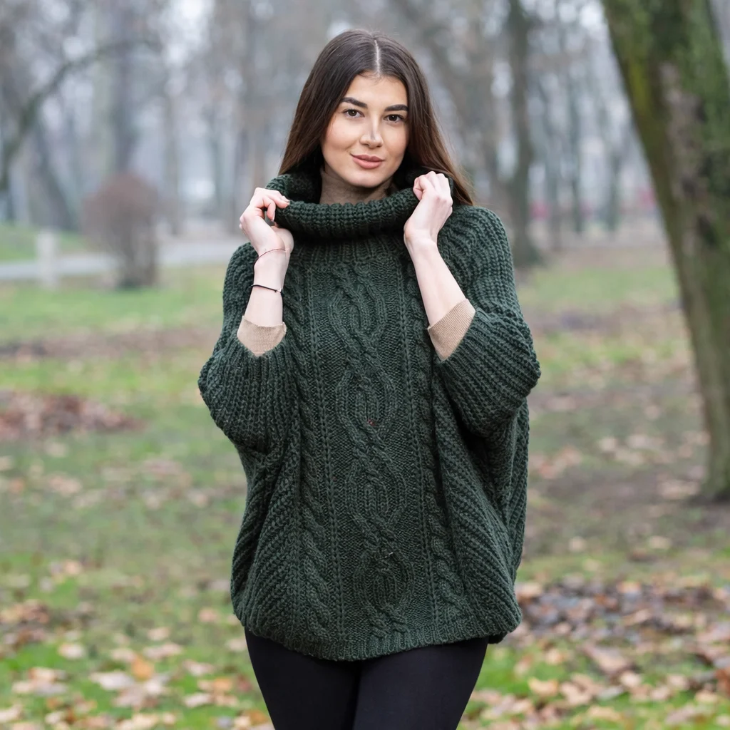 Aran Cowl Neck Merino Wool Poncho | Irish Cable Knit Shawl - Image 20 | Lily's Pad Studio