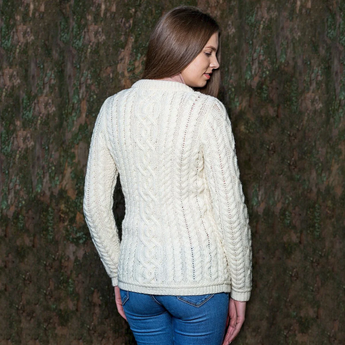 Aran Knit Ladies Cardigan with Leather Buttons – Women’s Cable Wool Sweater Coat - Image 3 | Lily's Pad Studio