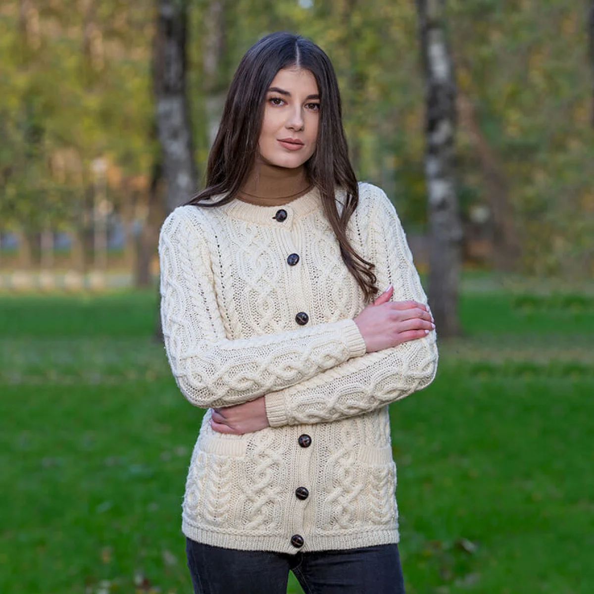 Aran Knit Ladies Cardigan with Leather Buttons – Women’s Cable Wool Sweater Coat - Irish Gifts | Lily's Pad Studio
