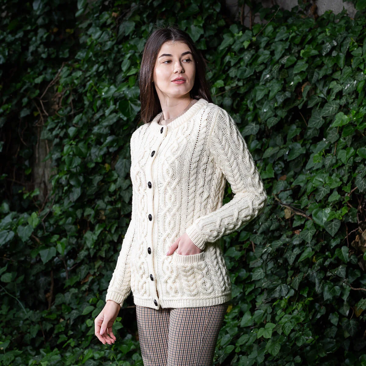 Aran Knit Ladies Cardigan with Leather Buttons – Women’s Cable Wool Sweater Coat - Image 5 | Lily's Pad Studio