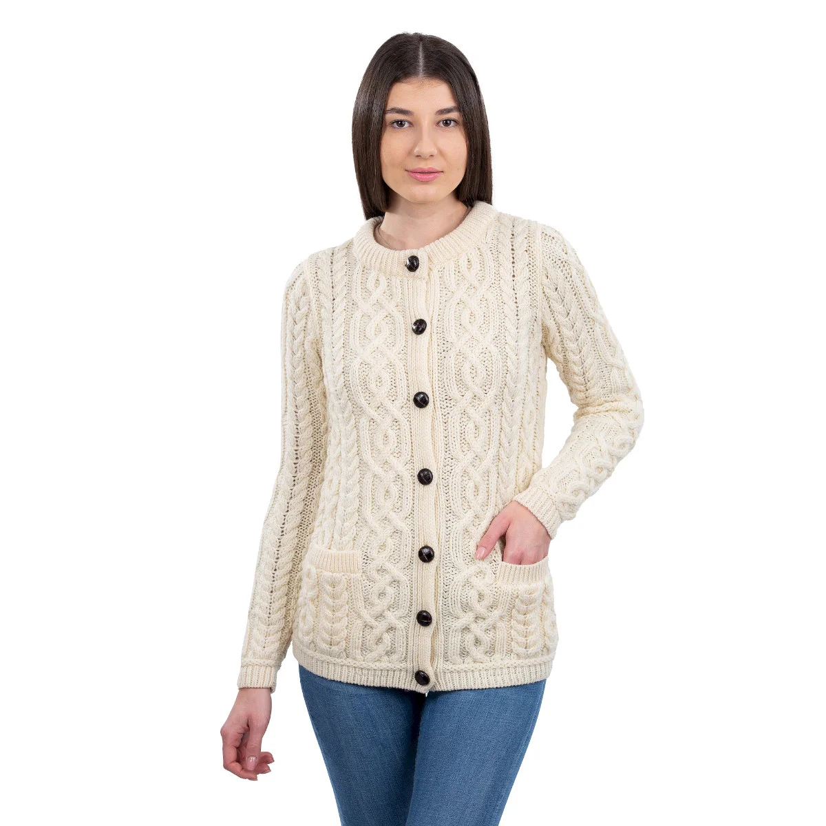 Aran Knit Ladies Cardigan with Leather Buttons – Women’s Cable Wool Sweater Coat - Image 7 | Lily's Pad Studio