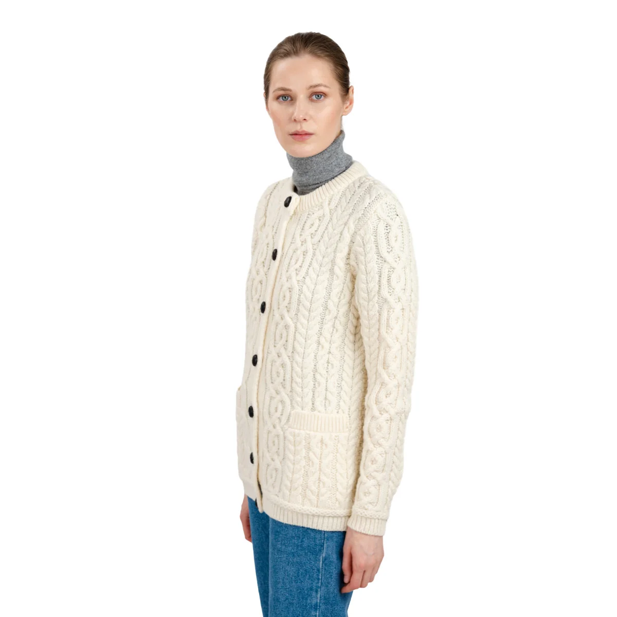 Aran Knit Ladies Cardigan with Leather Buttons – Women’s Cable Wool Sweater Coat - Image 8 | Lily's Pad Studio