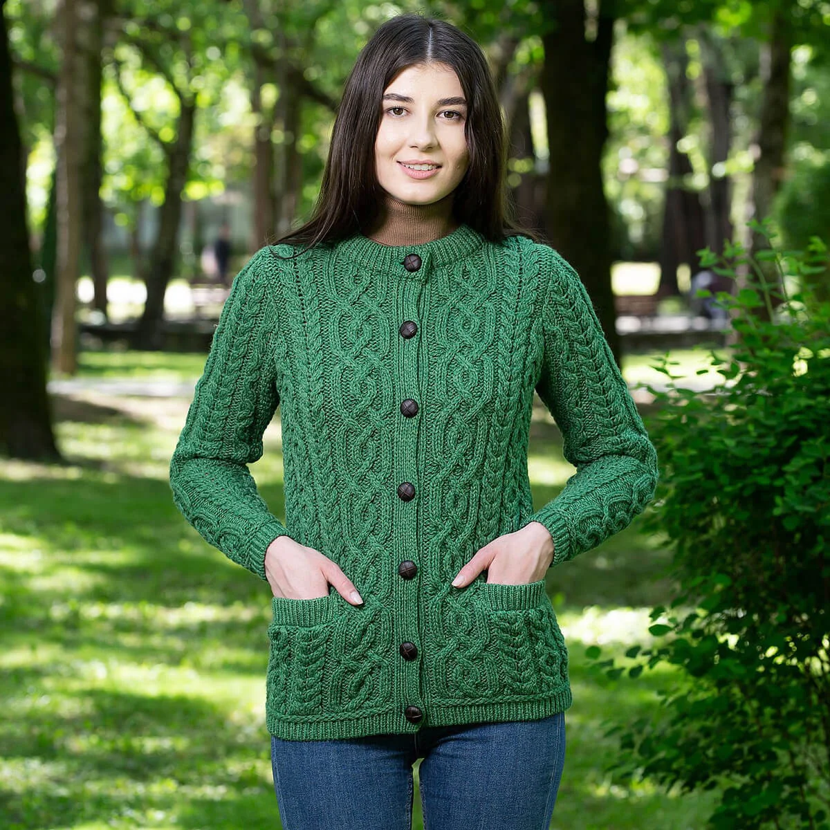 Aran Knit Ladies Cardigan with Leather Buttons – Women’s Cable Wool Sweater Coat - Image 11 | Lily's Pad Studio