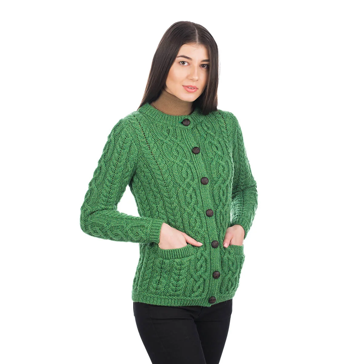 Aran Knit Ladies Cardigan with Leather Buttons – Women’s Cable Wool Sweater Coat - Image 12 | Lily's Pad Studio