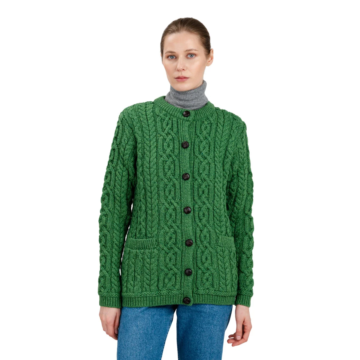 Aran Knit Ladies Cardigan with Leather Buttons – Women’s Cable Wool Sweater Coat - Image 14 | Lily's Pad Studio