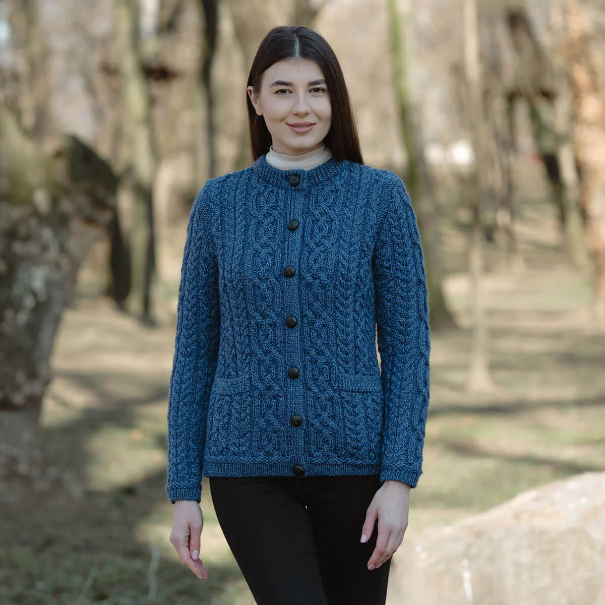 Aran Knit Ladies Cardigan with Leather Buttons – Women’s Cable Wool Sweater Coat - Image 15 | Lily's Pad Studio