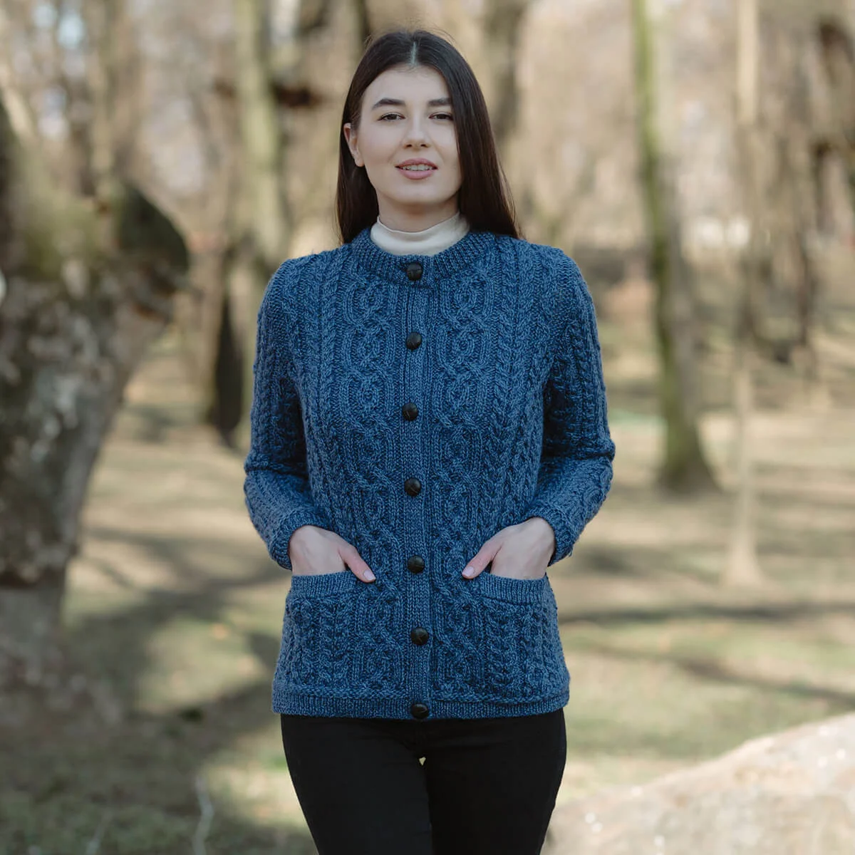 Aran Knit Ladies Cardigan with Leather Buttons – Women’s Cable Wool Sweater Coat - Image 17 | Lily's Pad Studio
