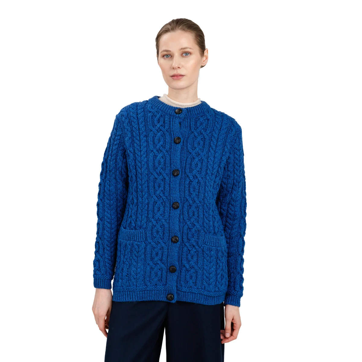 Aran Knit Ladies Cardigan with Leather Buttons – Women’s Cable Wool Sweater Coat - Image 19 | Lily's Pad Studio