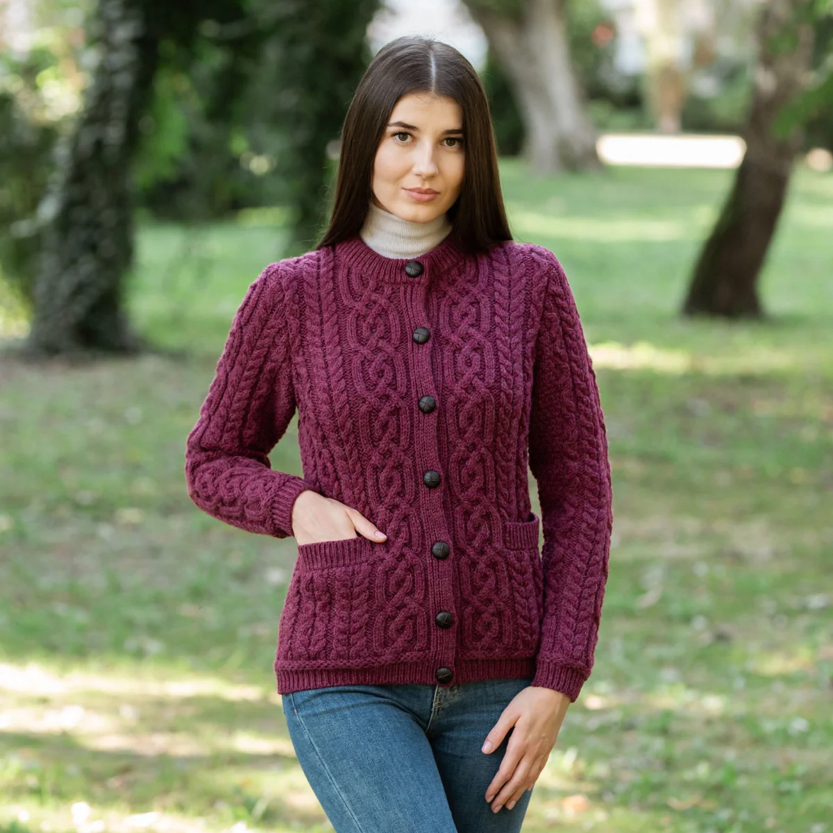 Aran Knit Ladies Cardigan with Leather Buttons – Women’s Cable Wool Sweater Coat - Image 22 | Lily's Pad Studio