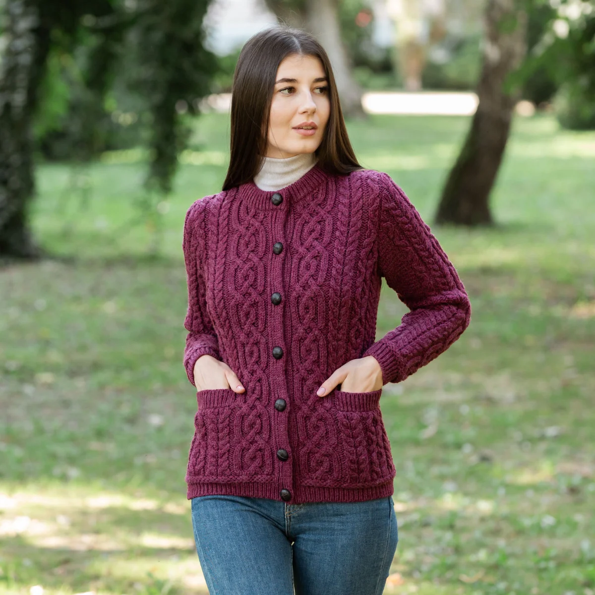 Aran Knit Ladies Cardigan with Leather Buttons – Women’s Cable Wool Sweater Coat - Image 23 | Lily's Pad Studio