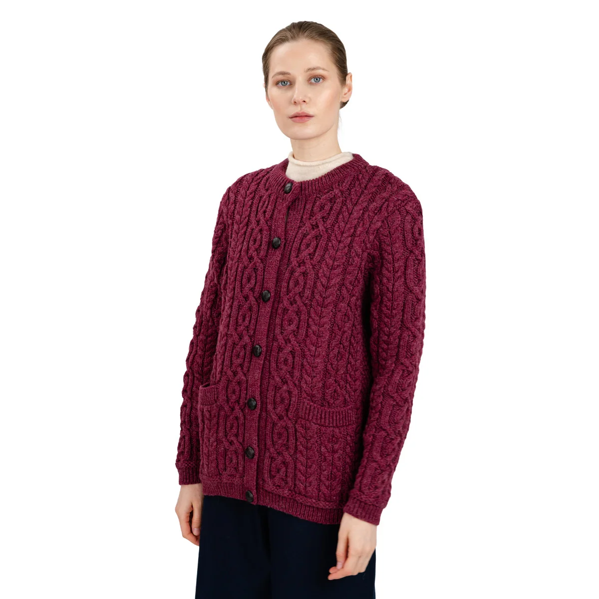 Aran Knit Ladies Cardigan with Leather Buttons – Women’s Cable Wool Sweater Coat - Image 24 | Lily's Pad Studio