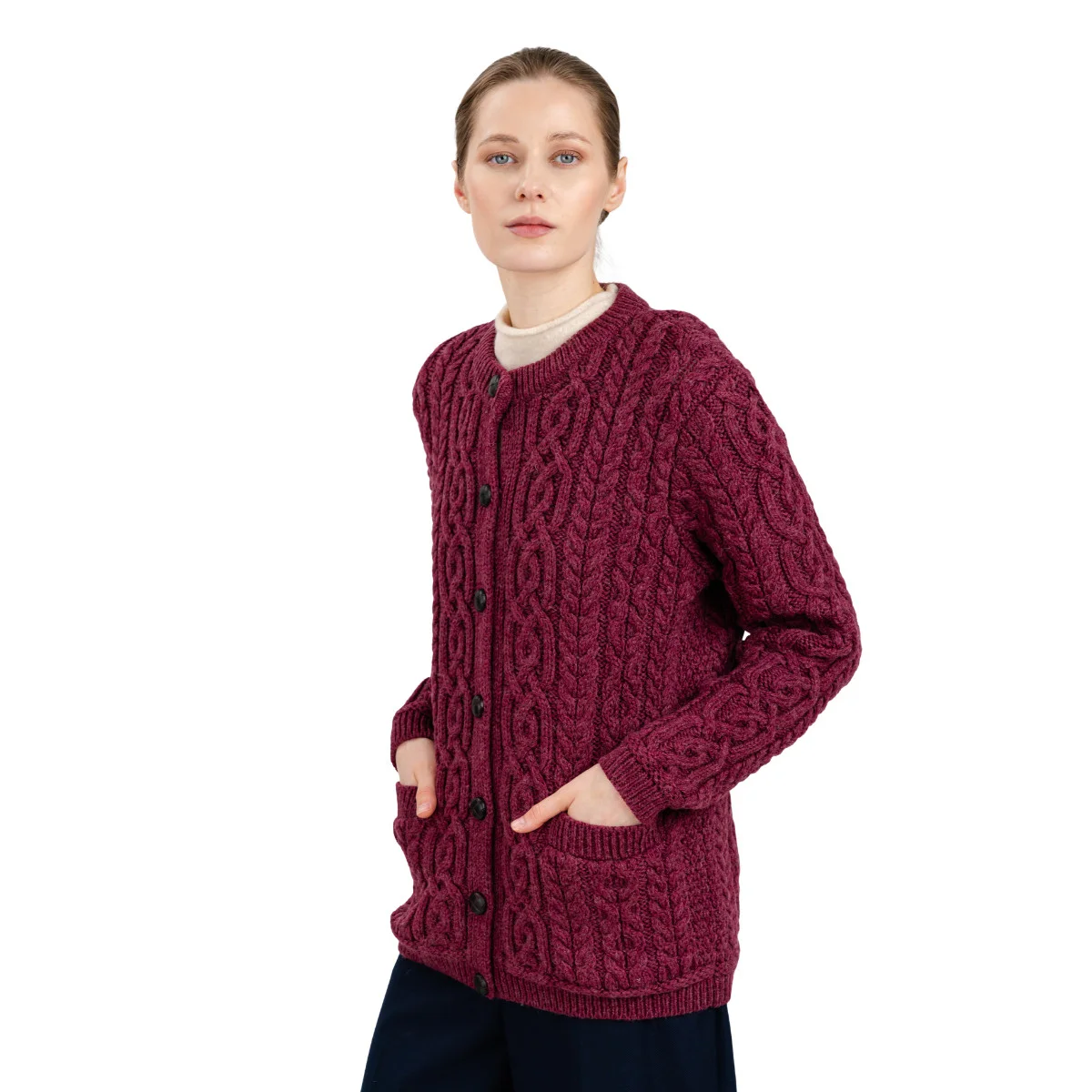 Aran Knit Ladies Cardigan with Leather Buttons – Women’s Cable Wool Sweater Coat - Image 26 | Lily's Pad Studio