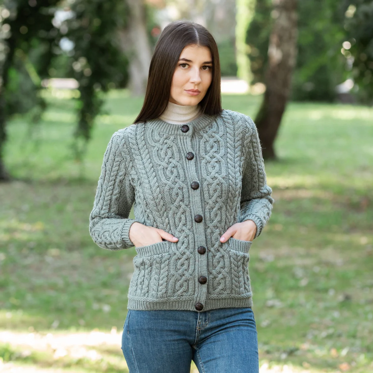Aran Knit Ladies Cardigan with Leather Buttons – Women’s Cable Wool Sweater Coat - Image 27 | Lily's Pad Studio