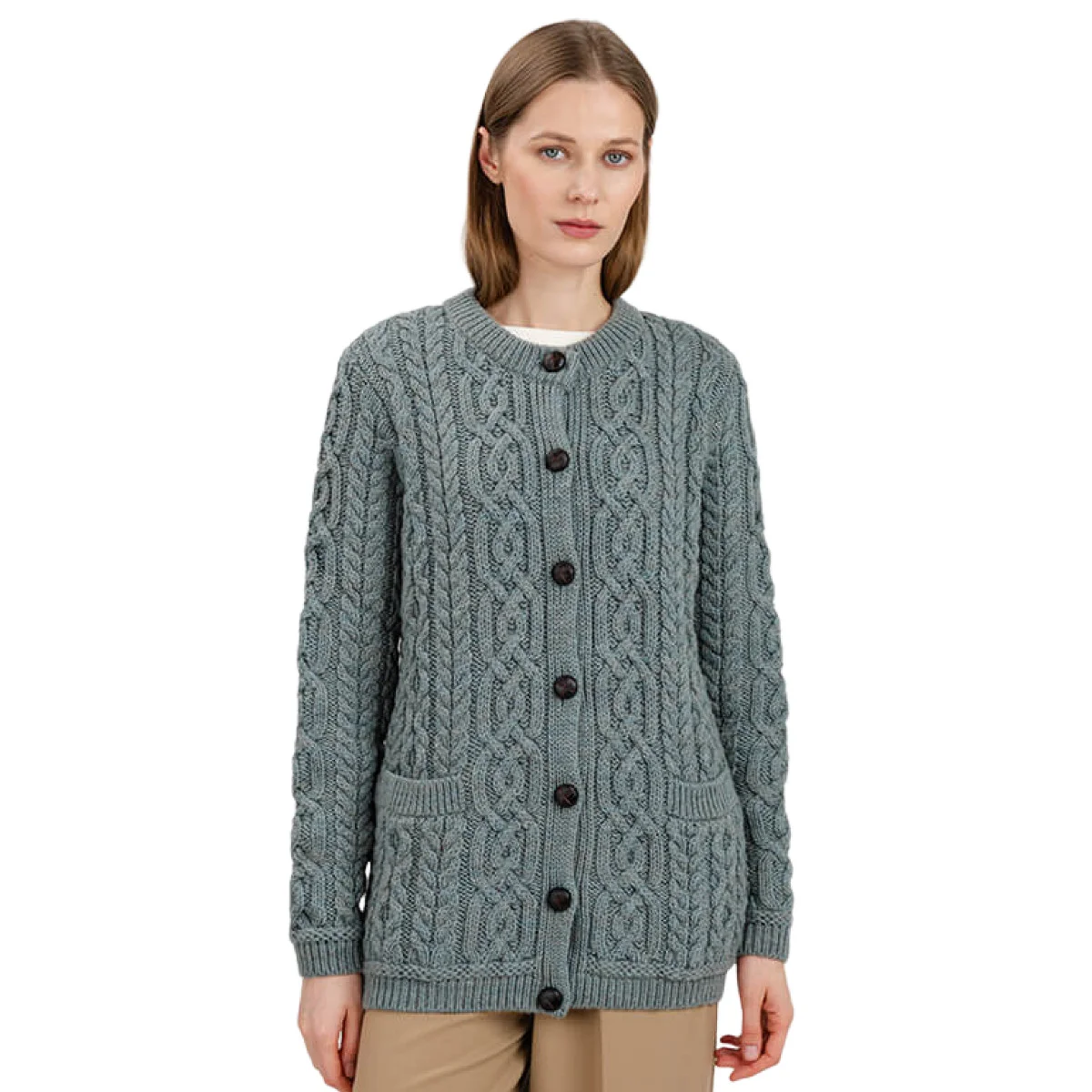 Aran Knit Ladies Cardigan with Leather Buttons – Women’s Cable Wool Sweater Coat - Image 29 | Lily's Pad Studio