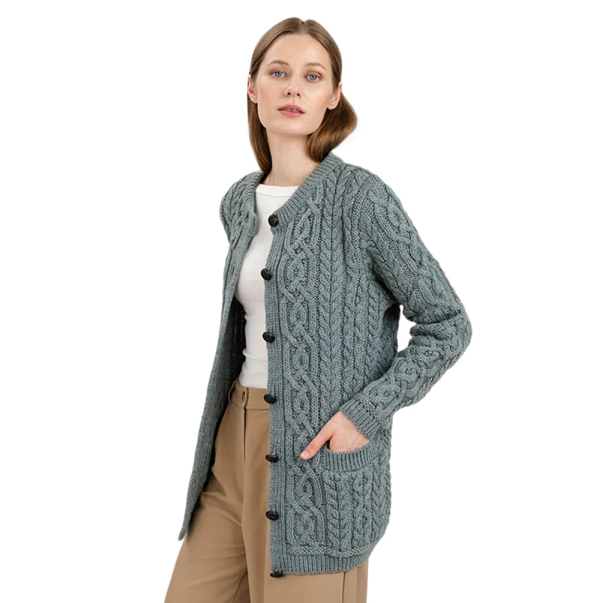Aran Knit Ladies Cardigan with Leather Buttons – Women’s Cable Wool Sweater Coat - Image 31 | Lily's Pad Studio