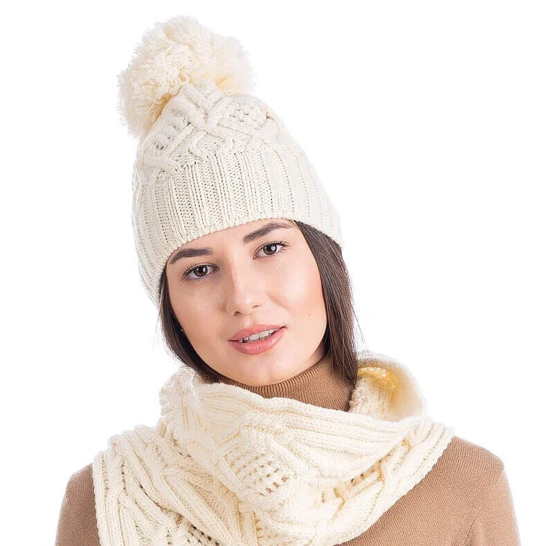 Aran Wool Bobble Hat – Irish Merino Wool Cable Knit Beanie - Head Wear | Lily's Pad Studio