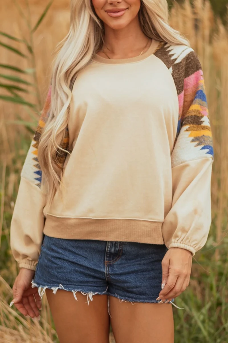 Aztec Bubble Sleeve Patchwork Western Sweatshirt | Lily's Pad Studio