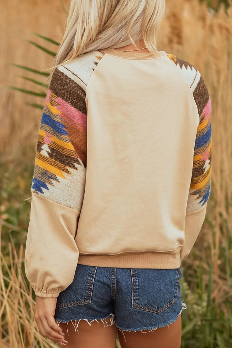 Aztec Bubble Sleeve Patchwork Western Sweatshirt - Image 2 | Lily's Pad Studio