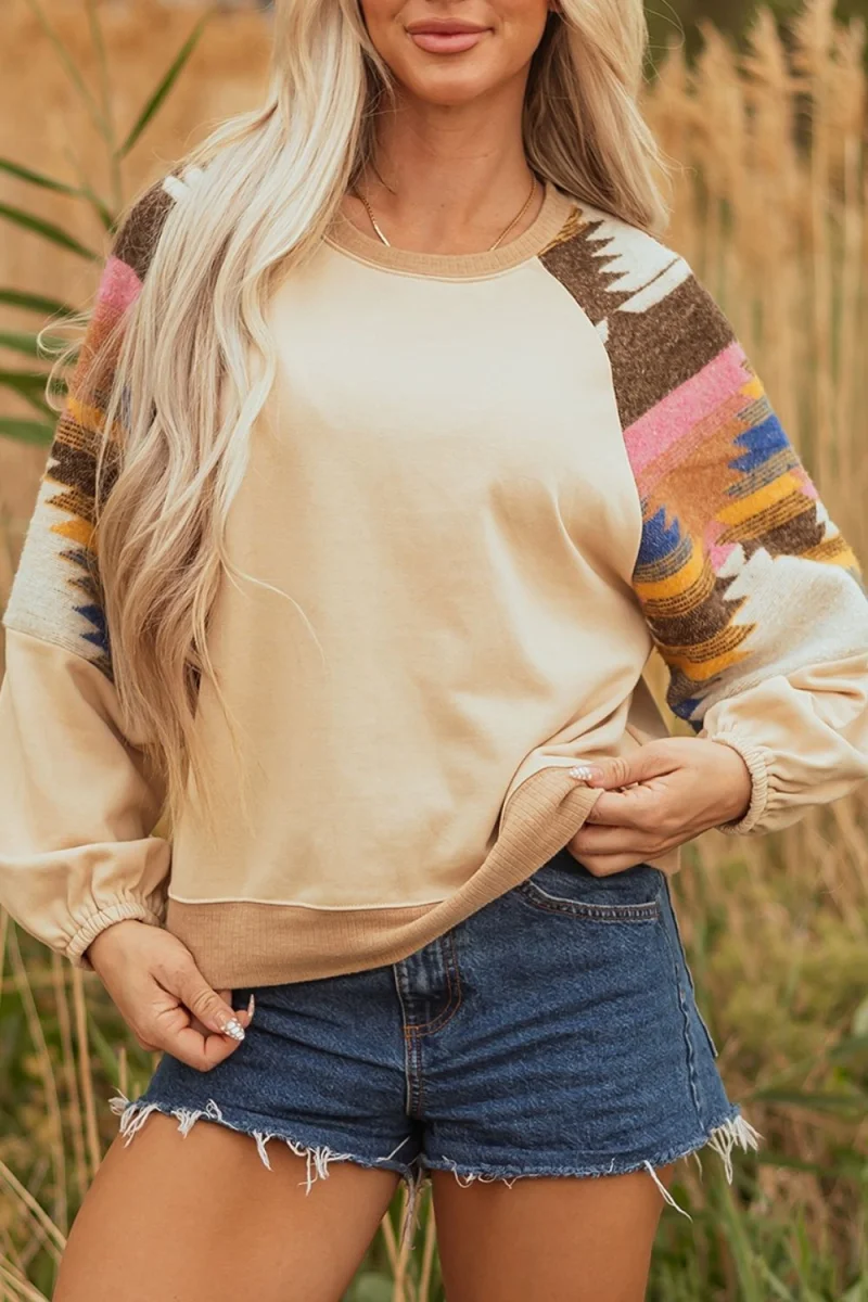 Aztec Bubble Sleeve Patchwork Western Sweatshirt - Image 3 | Lily's Pad Studio