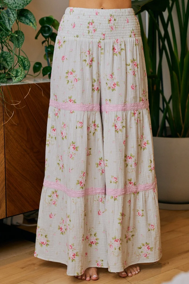 BiBi Rose Printed Gauze Trim Detail Smocked Maxi Pants - Lady's Bottoms | Lily's Pad Studio