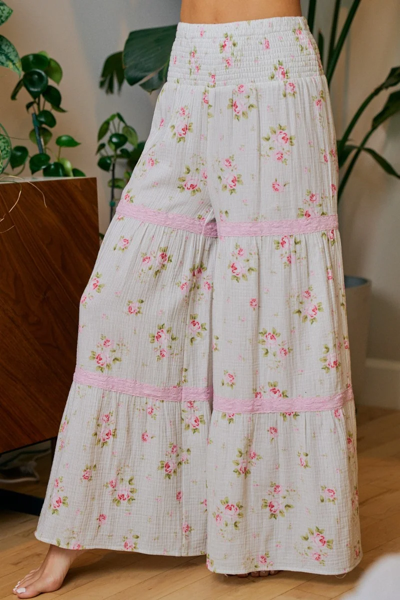 BiBi Rose Printed Gauze Trim Detail Smocked Maxi Pants - Image 2 | Lily's Pad Studio