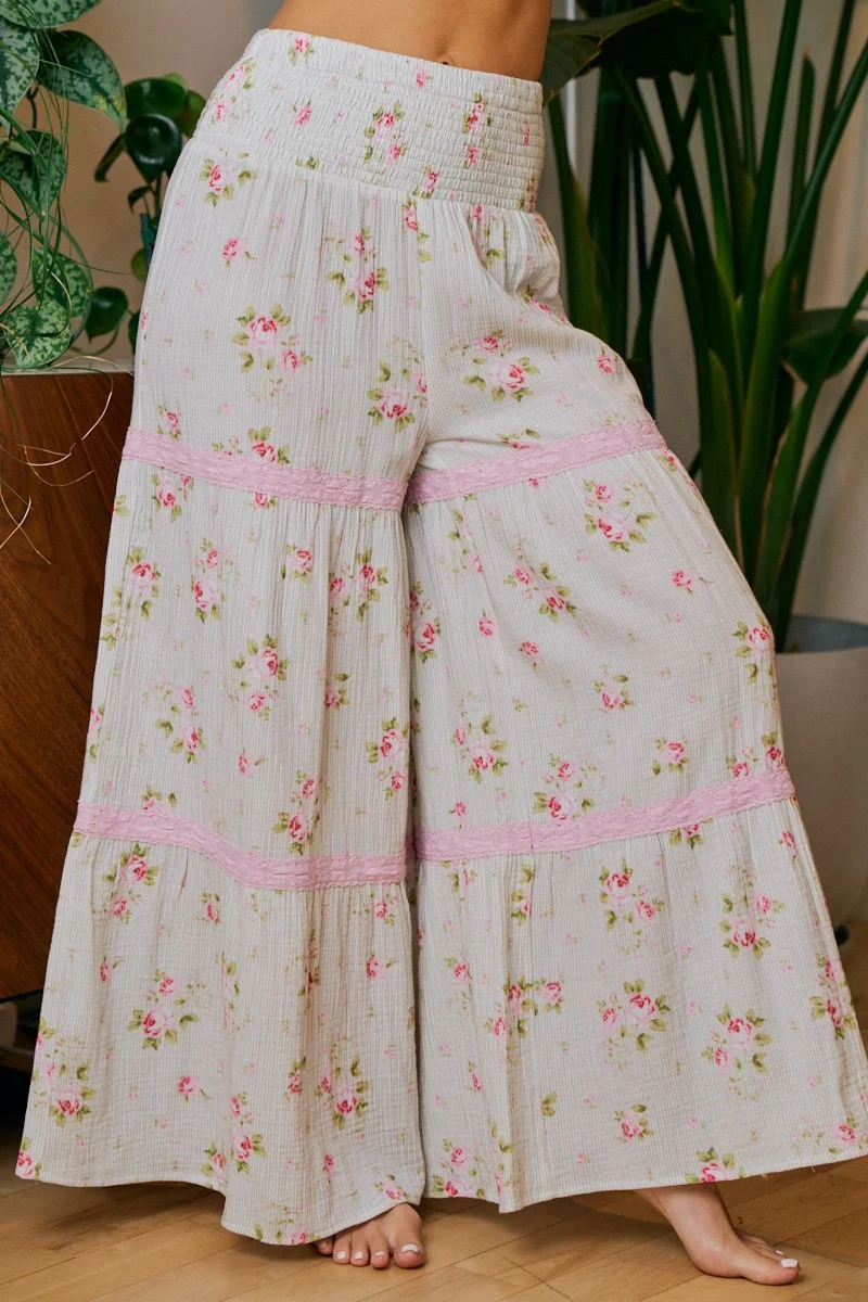 BiBi Rose Printed Gauze Trim Detail Smocked Maxi Pants - Image 3 | Lily's Pad Studio