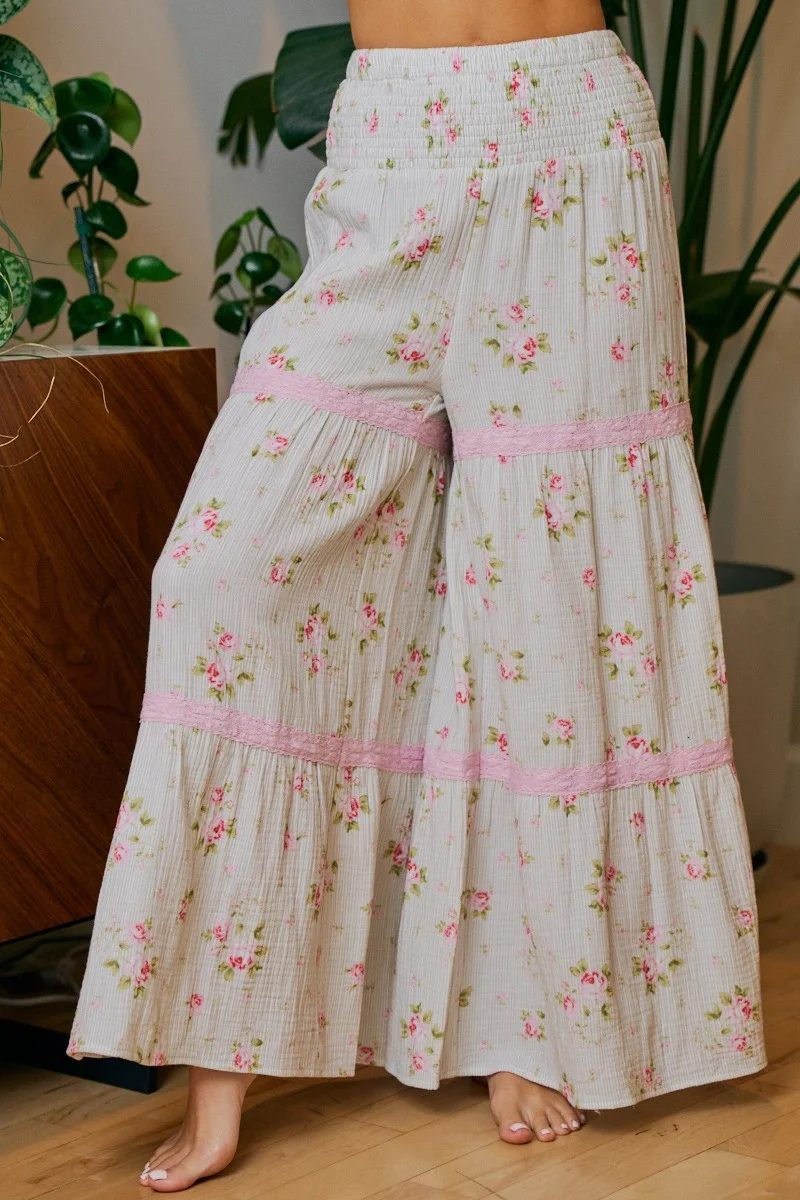 BiBi Rose Printed Gauze Trim Detail Smocked Maxi Pants - Image 4 | Lily's Pad Studio